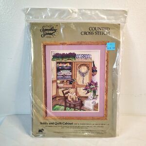 VTG NEW Something Special Teddy & Quilt Cabinet Counted Cross Stitch Kit